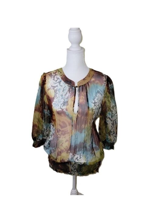 Everest Apparel Tops - Everest Apparel 100% Silk Blouse Sheer Multicolored Elastic Waist Top Women SZ S